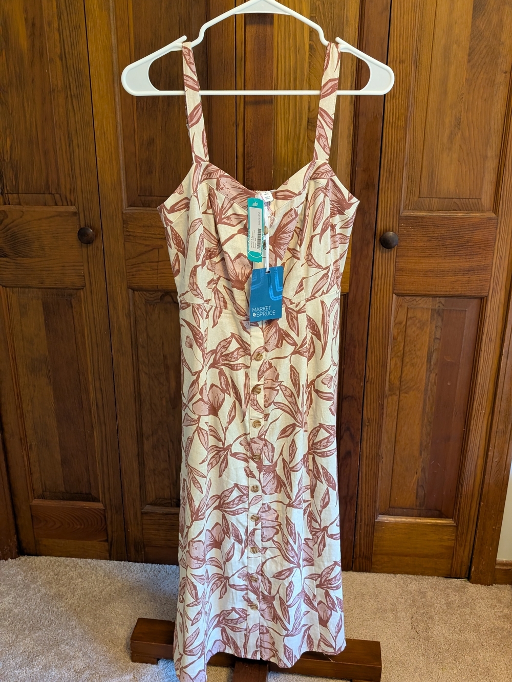 Market & Spruce Cream Midi Dress with Rust Leaf Print NWT